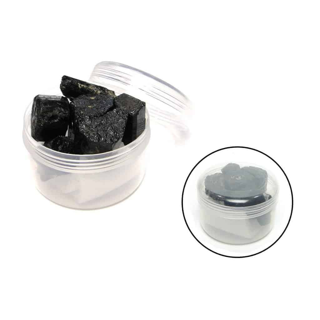 Black tourmaline raw crystal in plastic container